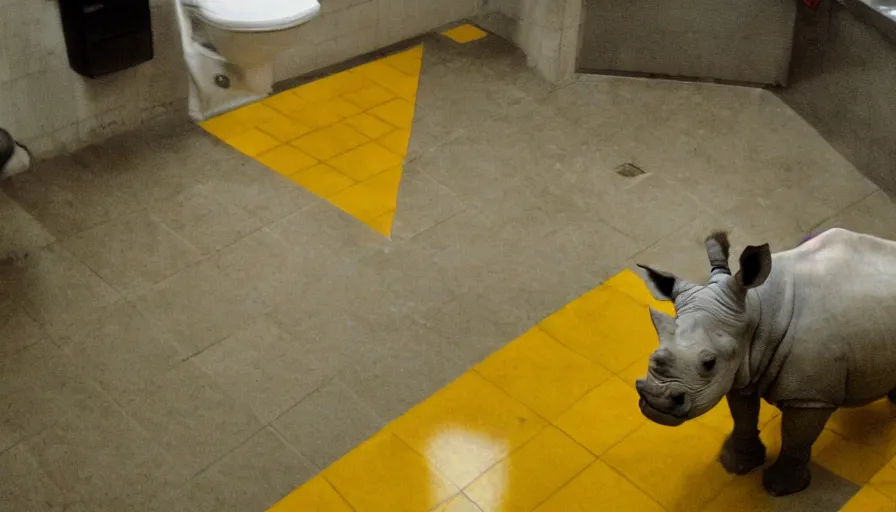 Prompt: a rhinoceros in a public bathroom with yellow tiles floor, by mini dv camera, very very low quality, heavy grain, heavy jpeg artifact blurry, caught on trail cam