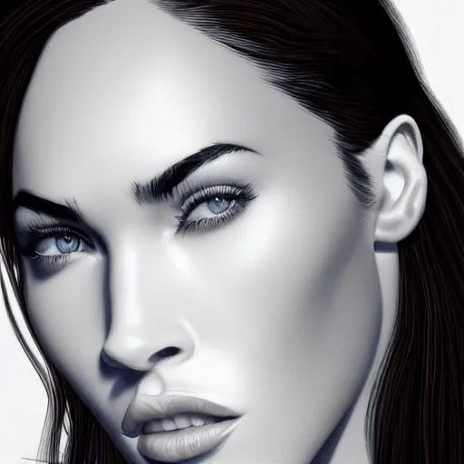 Prompt: megan fox closeup of face as she licks her lips. hyperrealistic portrait, photo realistic, poster, artstation, volumetric lighting, digital art, very detailed face by magali villeneuve