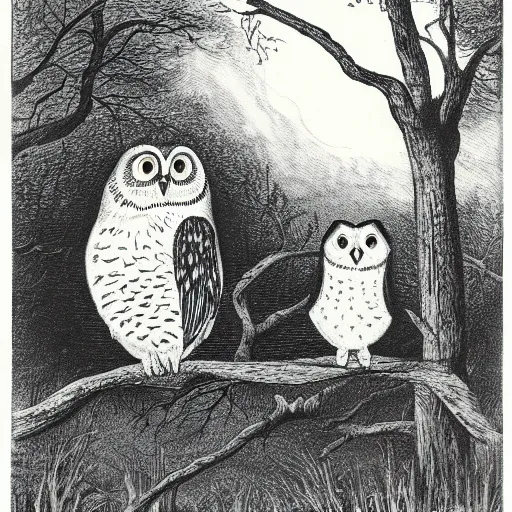 Prompt: owl and ghost in haunted woods, lithograph, museum catalog photograph