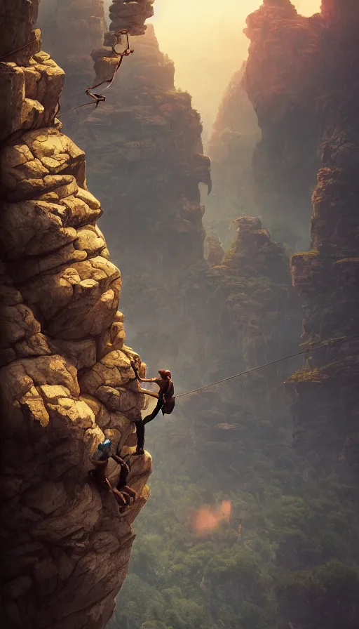 Image similar to rock climbers climbing a rock, an epic fantasy, dramatic lighting, cinematic, extremely high detail, photorealistic, cinematic lighting, matte painting, artstation, octane render, by simon stalenhag, horizon forbidden west