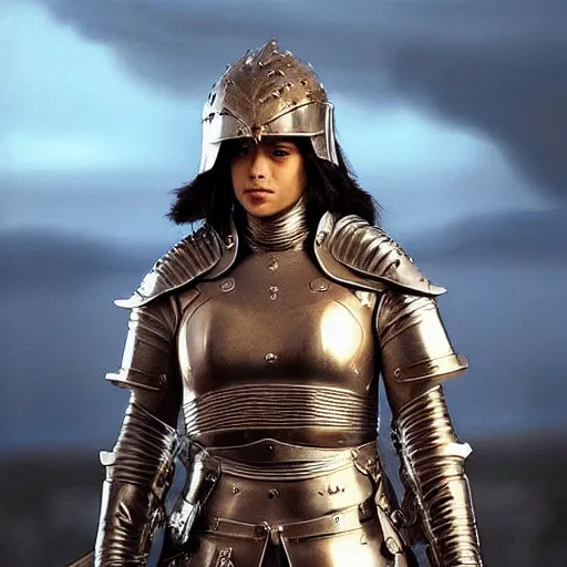 Image similar to a beautiful female knight in a light leather armor without any battle experience who only came to see a dragon, symmetrical, cinematic, real photography