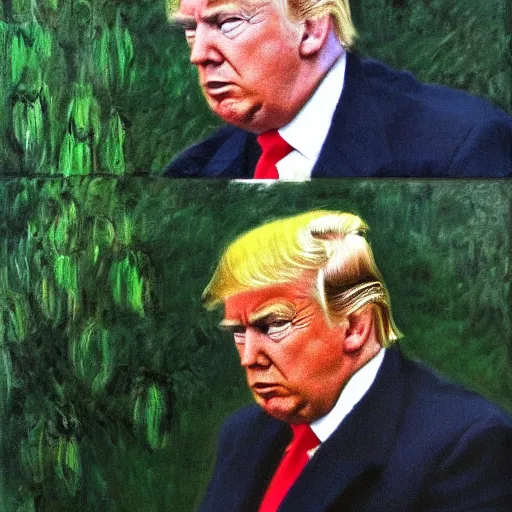 Prompt: Trump playing Hide-and-Go-Seek, portrait by Monet