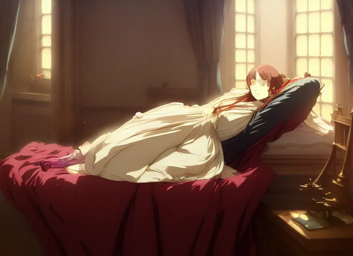 Image similar to victorian britain 1 8 3 6, 1 6 year old florence nightingale, asleep in a luxurious english victorian bedroom, dreaming of becoming a nurse, finely detailed perfect art, gapmoe yandere grimdark, trending on pixiv fanbox, painted by greg rutkowski makoto shinkai takashi takeuchi studio ghibli