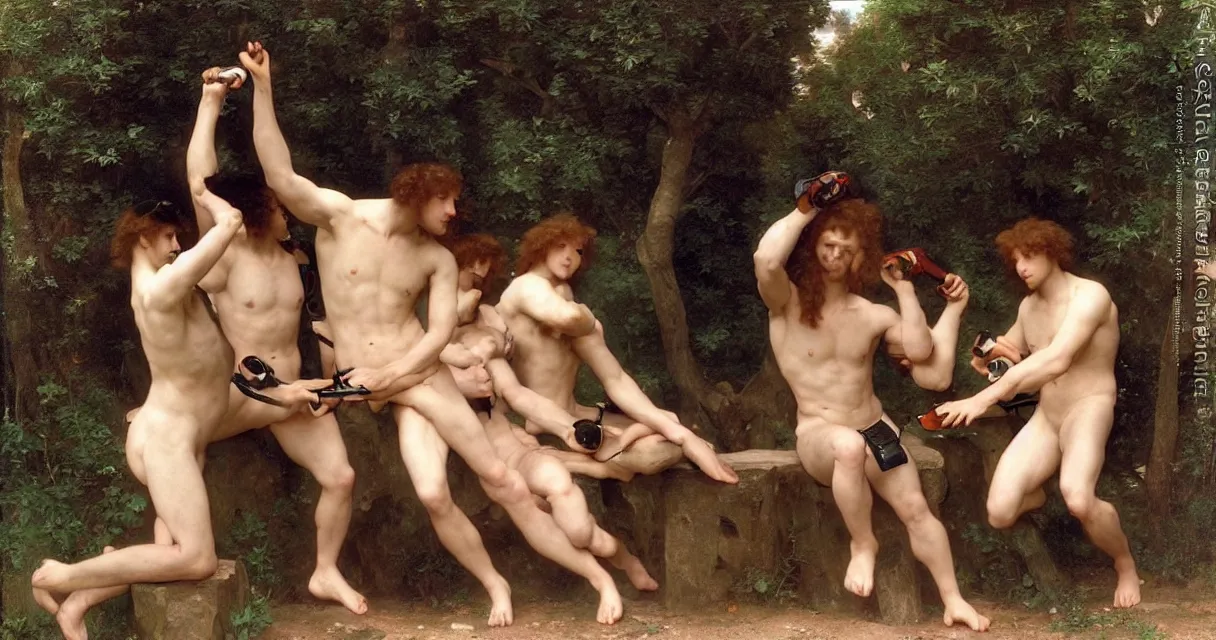 Image similar to pre-Raphaelite male muscular athletic gamers wearing headsets and playing video-games on laptops playstation5 x-box and PC by Bouguereau and raphael