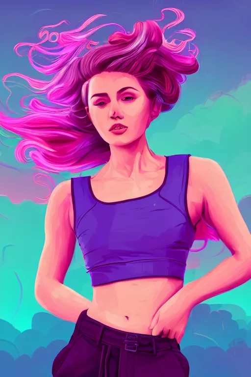 Image similar to a award winning half body porttrait of a beautiful woman in a croptop and cargo pants with ombre purple pink teal hairstyle with head in motion and hair flying, outrun, vaporware, shaded flat illustration, digital art, trending on artstation, highly detailed, fine detail, intricate