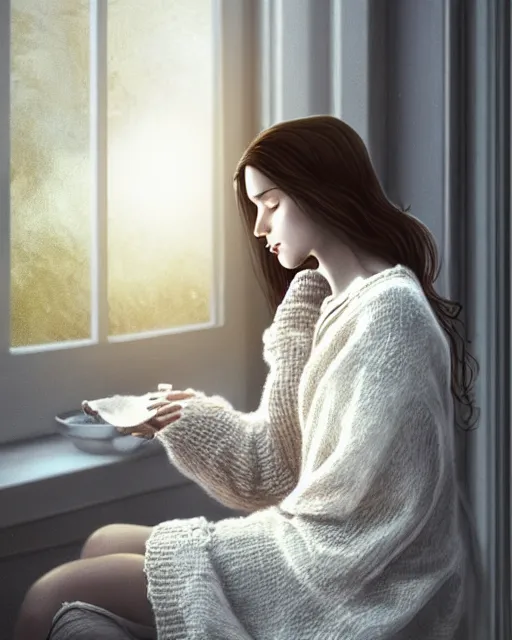 Prompt: photograph of a pretty french girl with dark hair, wearing a loose oversized white sweater, cuddled up by a windowsill sipping a mug of tea during sunset. dramatic lighting, fantasy, intricate, elegant, highly detailed, lifelike, photorealistic, digital painting, artstation, illustration, concept art, smooth, sharp focus, art by John Collier and Albert Aublet and Krenz Cushart and Artem Demura and Alphonse Mucha