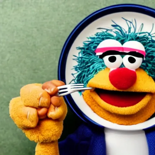 Image similar to a man holding a fork and knife in front of a plate, the plate is filled with muppets