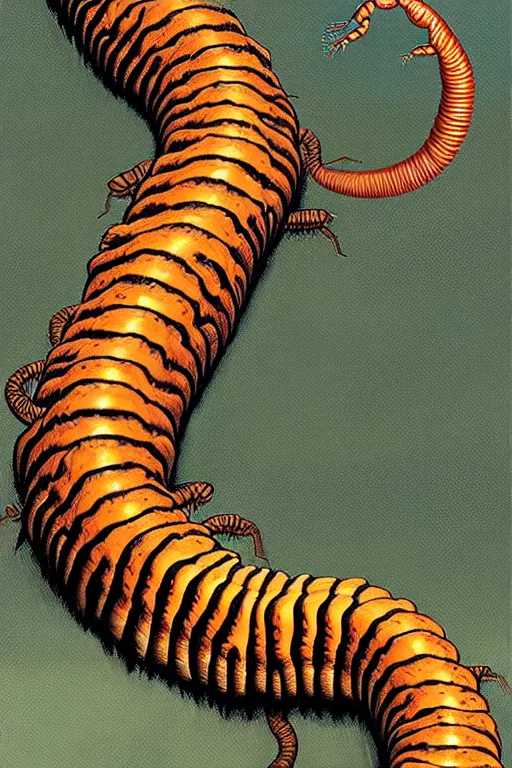 Image similar to a hyperrealistic painting of a freight train sized killer centipede, by chris cunningham and richard corben, highly detailed, vivid color,