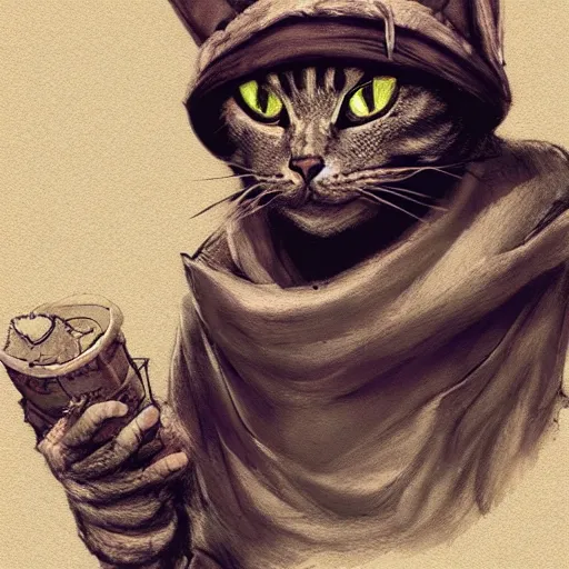 Image similar to dirty homeless humanoid cat wearing rags, concept art, d & d, fantasy, trending on artstation