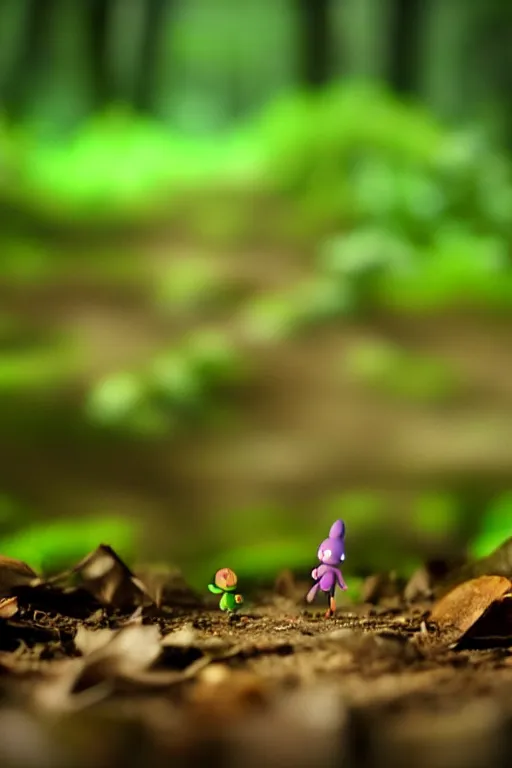 Image similar to claymation nintendo's pikmin on a forest floor, tilt shift photography