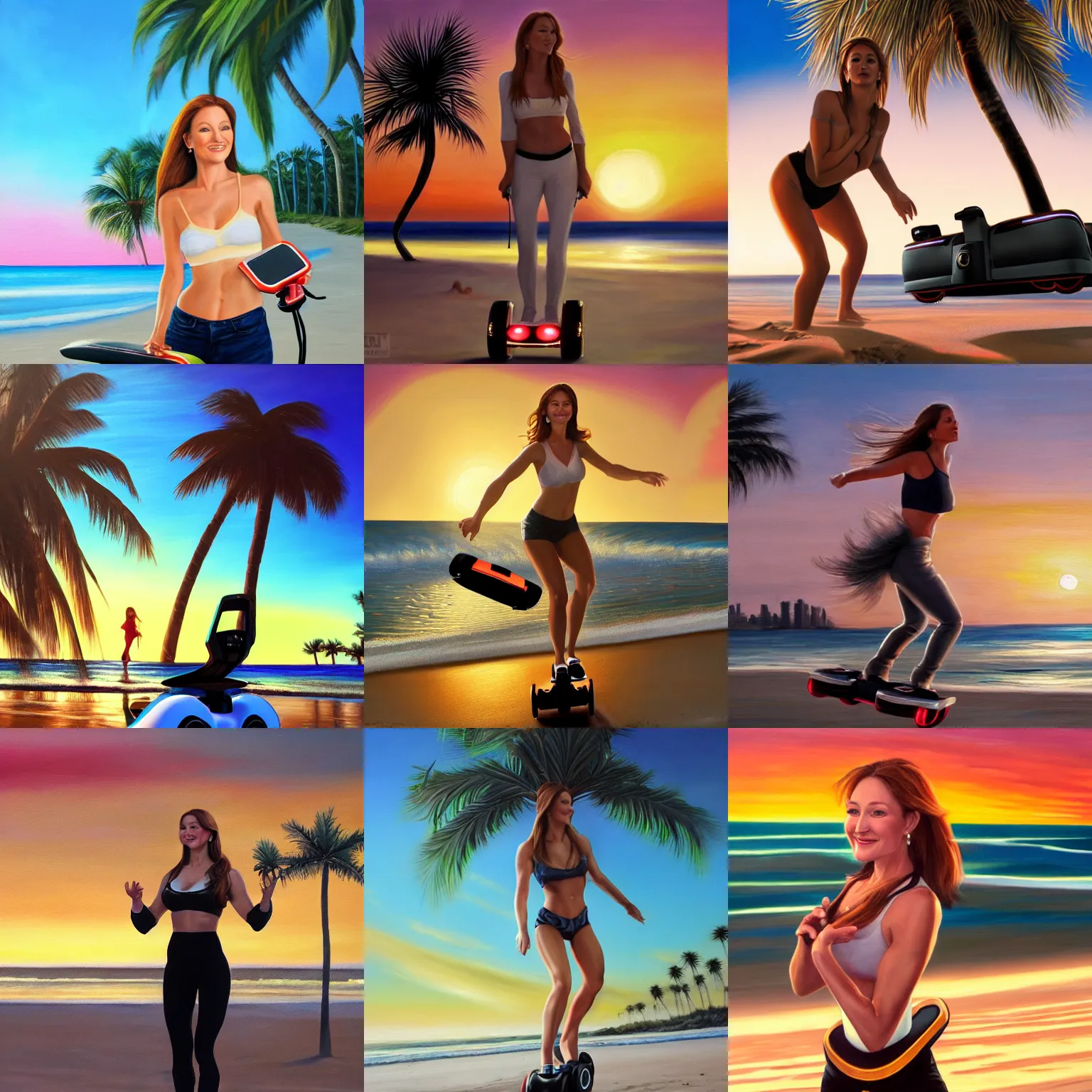 Prompt: a closeup photorealistic oil painting on canvas of Jane Seymour riding a hoverboard at the beach during sunset. Palm trees in the background. This 4K HD image is Trending on Artstation, featured on Behance, well-rendered, extra crisp, features intricate detail and the style of Unreal Engine.