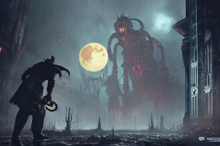 Prompt: an ultra matte painting of a big daddy from bioshock in the style of bloodborne, bioshock, concept art by alphonse mucha and greg rutkowski, scary shadows, blood moon eclipse, octane render, liminal space
