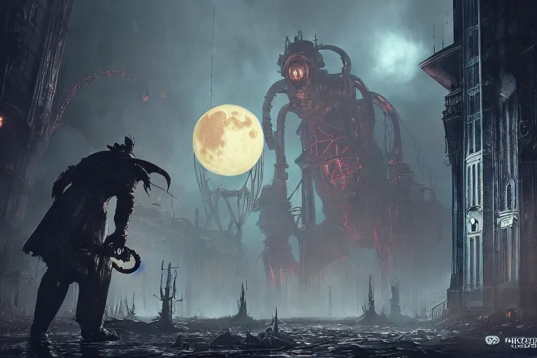 Image similar to an ultra matte painting of a big daddy from bioshock in the style of bloodborne, bioshock, concept art by alphonse mucha and greg rutkowski, scary shadows, blood moon eclipse, octane render, liminal space