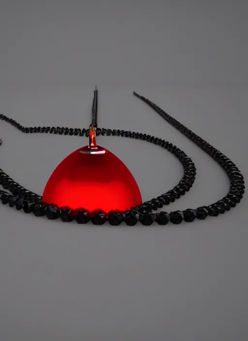 Image similar to object render of a black necklace with a fiery red diamond pendant, Unreal 5, DAZ, hyperrealistic, octane render, dynamic lighting