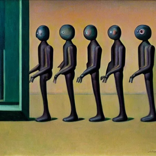 Image similar to queue of super - intelligent robots with kind eyes portrait, grant wood, pj crook, edward hopper, oil on canvas