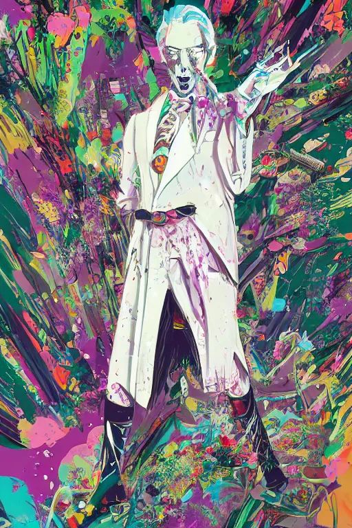 Prompt: wealthy male half necromancer, made of white gucci fabric, otherwordly forest, pixiv fanbox, dramatic lighting, maximalist pastel color palette, splatter paint, pixar and disney exploded - view drawing, graphic novel by fiona staples and dustin nguyen, peter elson, alan bean, clean cel shaded vector art, trending on artstation