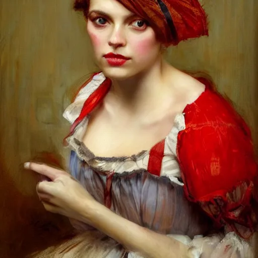 Image similar to Solomon Joseph Solomon and Richard Schmid and Jeremy Lipking victorian genre painting portrait painting of a young beautiful woman traditional exotic german french actress model pirate wench in fantasy costume, red background