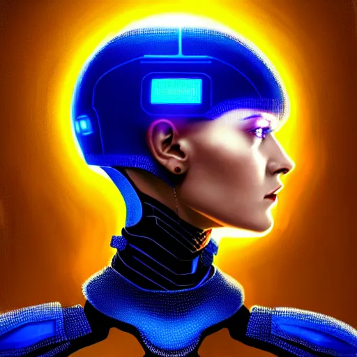 Image similar to woman in hitech armor costume with dark bobcut haircut with friendly blue eyes and slim features looking askance, cyberpunk bionics, retro - futurist style, intricate, elegant gleaming jewelry, angelic halo, highly detailed, digital painting, artstation, concept art, smooth, sharp focus, illustration, art by wlop, mars ravelo and greg rutkowski