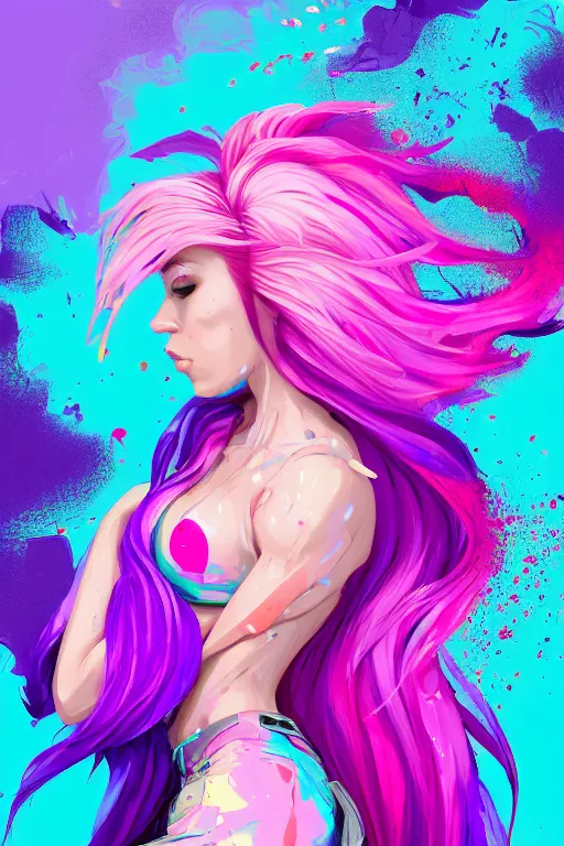 Image similar to a award winning half body portrait of a beautiful woman in a croptop and cargo pants with ombre purple pink teal hairstyle with head in motion and hair flying by artgerm, paint splashes, splatter, outrun, vaporware, shaded flat illustration, digital art, trending on artstation, highly detailed, fine detail, intricate