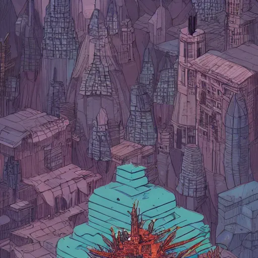 Prompt: cell shaded adult animation, a birds eye view overlooking a walled off ancient fantasy city being attacked by horrific monsters, surrounded by mountains and trees of greens and browns, rivers, concept art by josan gonzales and wlop, Laurie Greasley, Bekinski and james jean, highly detailed, sharp focus, Trending on Artstation, HQ, deviantart, art by artgem