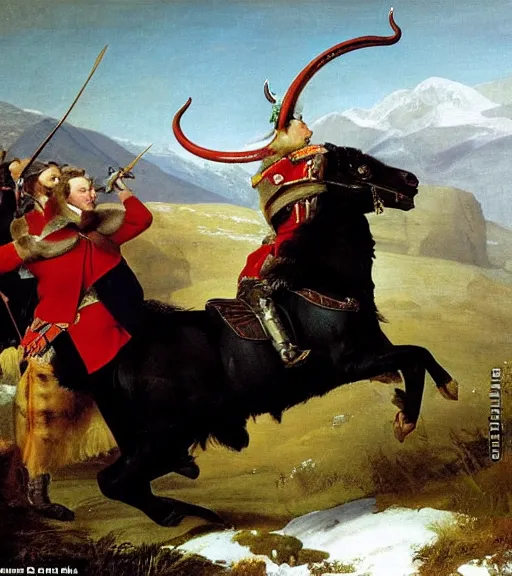 Image similar to gordon ramsay riding a long horn ram in the scottish mountains in the style of napoleon crossing the alps painting by paul delaroche, masterpiece, tartan cape