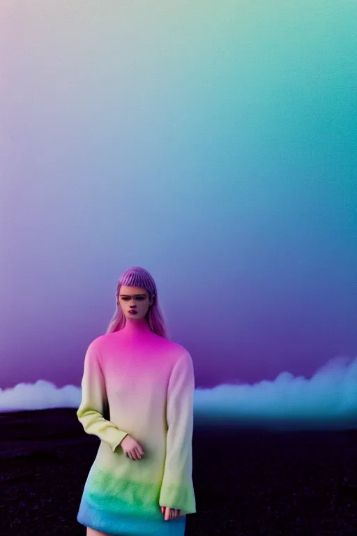 Image similar to high quality pastel coloured film close up wide angle photograph of a model wearing clothing resting on cloud furniture in a icelandic black rock environment in a partially haze filled dreamstate world. three point light, rainbow. photographic production. art directed. pastel colours. volumetric clouds. pastel gradient overlay. waves glitch artefacts. extreme facial clarity. 8 k. filmic.