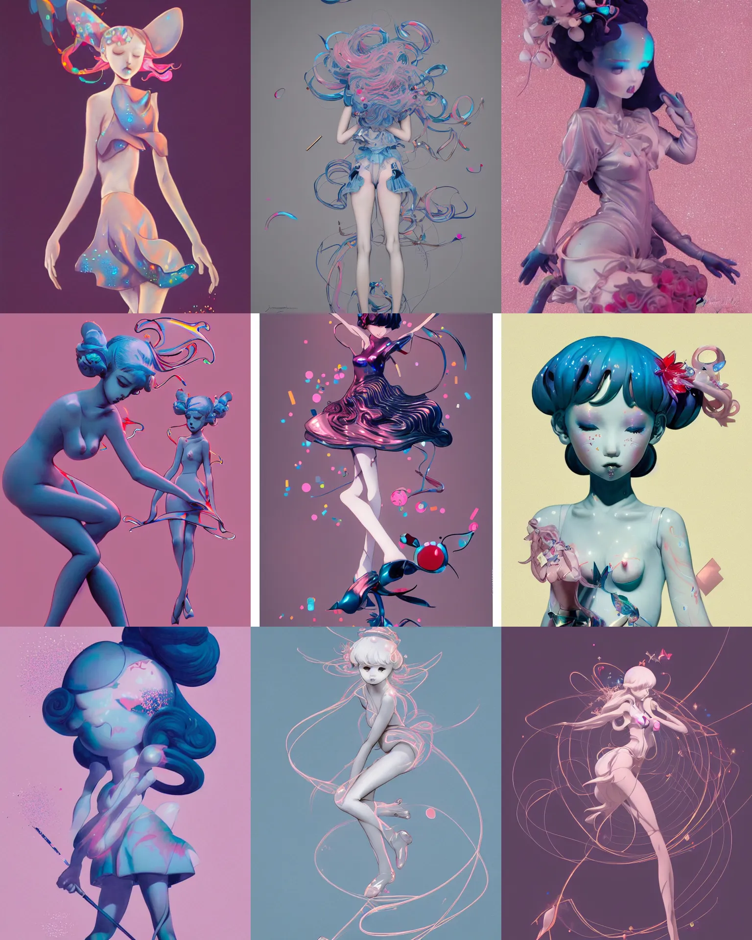 Prompt: james jean isolated vinyl figure voluptuous cute magical girl character design, figure photography, dynamic pose, holographic undertones, motion shapes color design, glitter accents on figure, anime stylized, sharp focus, accurate fictional proportions, high delicate defined details, luxury materials, ethereal lighting, editorial awarded