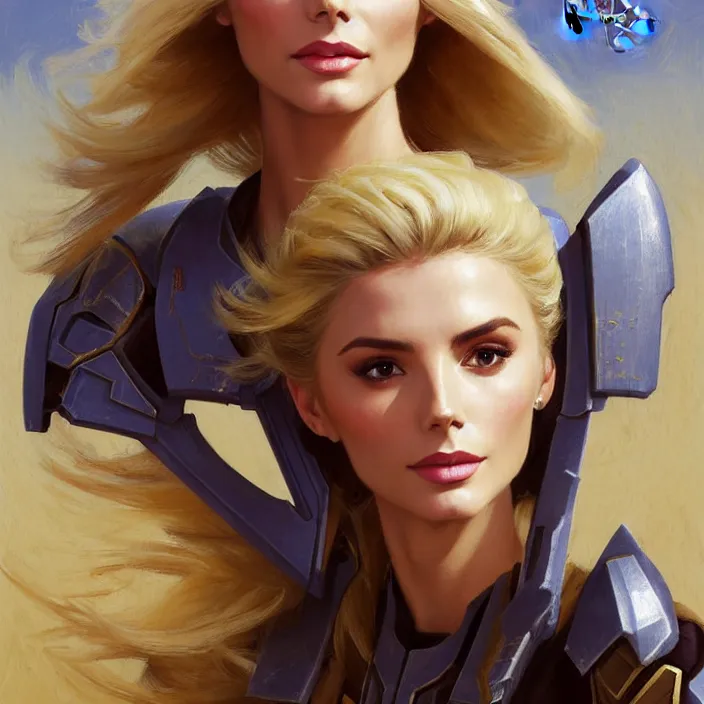 Image similar to portrait of a combination of Ashley Greene, Victoria Justice and Adriana Dxim, Grace Kelly and Lily Collins with blond hair wearing Forerunner armor from Halo, countryside, calm, fantasy character portrait, dynamic pose, above view, sunny day, thunder clouds in the sky, artwork by Jeremy Lipkin and Giuseppe Dangelico Pino and Michael Garmash and Rob Rey and Greg Manchess and Huang Guangjian, very coherent asymmetrical artwork, sharp edges, perfect face, simple form, 100mm
