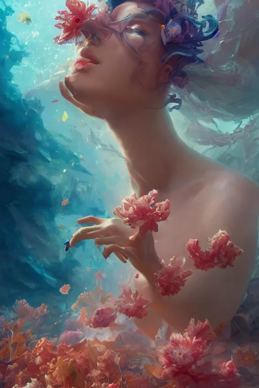 Prompt: a beautiful girl exploding into coral reef and fractal, 3 d render, hyper realistic detailed portrait, holding magic flowers, ruan jia, wlop. scifi, fantasy, hyper detailed, octane render, concept art, by peter mohrbacher, by wlop, by ruan jia