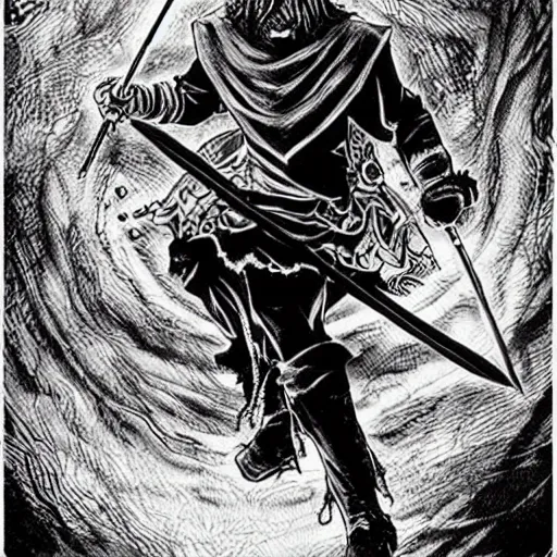 Image similar to black and white pen and ink!!!! rugged royal! nordic goetic Raiden x Frank Zappa golden!!!! Vagabond!!!! floating magic swordsman!!!! glides through a beautiful!!!!!!! black hole battlefield dramatic esoteric!!!!!! pen and ink!!!!! illustrated in high detail!!!!!!!! by Junji Ito and Hiroya Oku!!!!!!!!! graphic novel published on 2049 award winning!!!! full body portrait!!!!! action exposition manga panel black and white Shonen Jump issue by David Lynch eraserhead and Frank Miller beautiful line art Hirohiko Araki