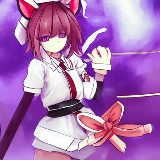 Prompt: Reisen Udongein Inaba, Touhou project, is wearing a white blouse with short sleeves, a red belt, and a blue skirt, Red eyes, long light purple hair, long rabbit ears, Wearing a white blouse, a purple skirt and a red tie, a carrot-shaped clip on the tie, circle eyes, in front, 4k, 2d, high quality, anime artist