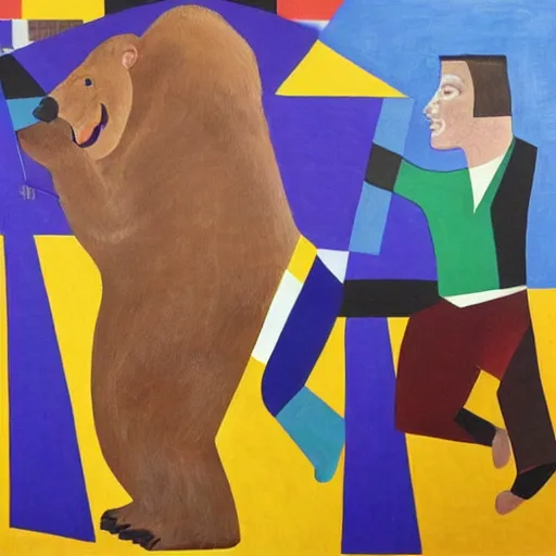 Image similar to nigel farage being chased by a bear, cubism painting