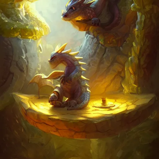 Image similar to beautiful fantasy illustration of an adorable baby dragon sleeping on top of gold coins. tavern background, by andreas rocha and marc simonetti, trending on artstation 8k hq