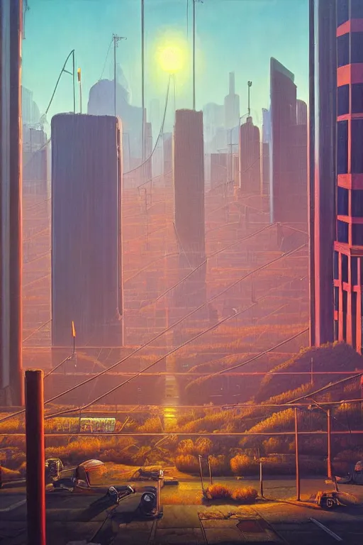 Prompt: downtown london in a redwood solar punk vision, oil on canvas by klaus burgle, simon stalenhag, ultra - realistic 3 d depth shading