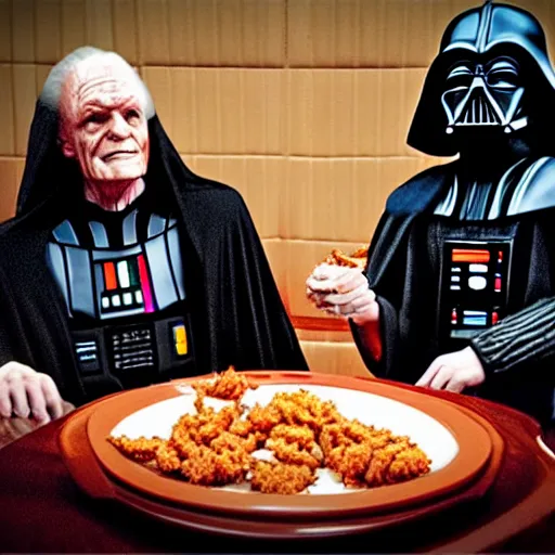 Prompt: Emperor Palpatine and Darth Vader sitting in a booth at Outback enjoying some Bloomin Onion