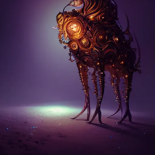 Prompt: iridescent creature, backlit, warm tones, bioluminescent : by michal karcz, daniel merriam, victo ngai and guillermo del toro : ornate, dynamic, particulate, intricate, elegant, highly detailed, centered, artstation, smooth, sharp focus, octane render