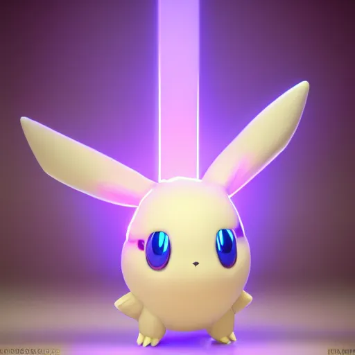 Image similar to nymph render of a very cute 3d togepi pokemon, adorable eyes, cute smile, full round face, neon lights in background, serene bedroom setting, medium shot, mid-shot, highly detailed, trending on Artstation, Unreal Engine 4k