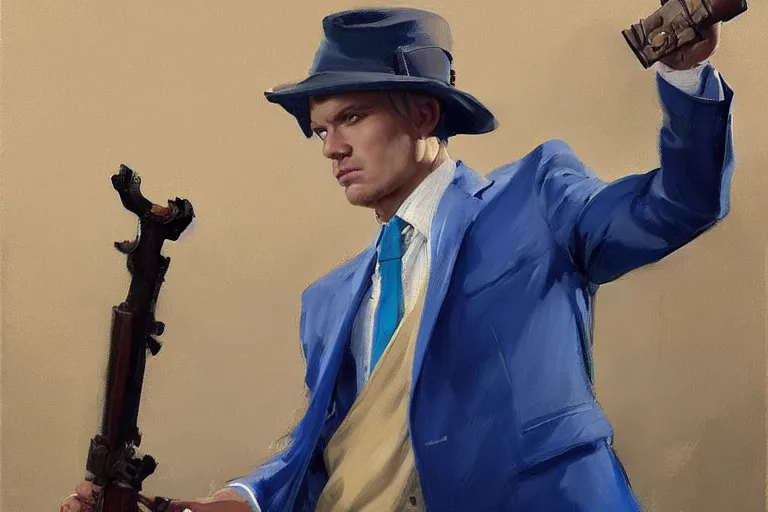 Image similar to greg manchess portrait painting of a blond man in a blue suit with a sword and a pistol, asymmetrical, profile picture, organic painting, sunny day, matte painting, bold shapes, hard edges, street art, trending on artstation, by huang guangjian, gil elvgren, ruan jia, randy vargas, greg rutkowski