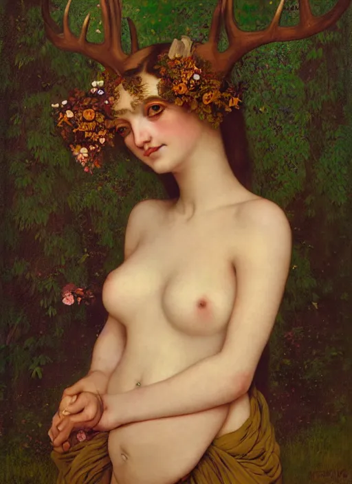 Prompt: a portrait of a human female body of a deer with human eyes wearing aristocratic clothes, titian, sam spratt, maxfield parrish, gustav klimt, tom bagshaw, mark ryden, alphonse mucha, rembrandt, high quality, painting, oil