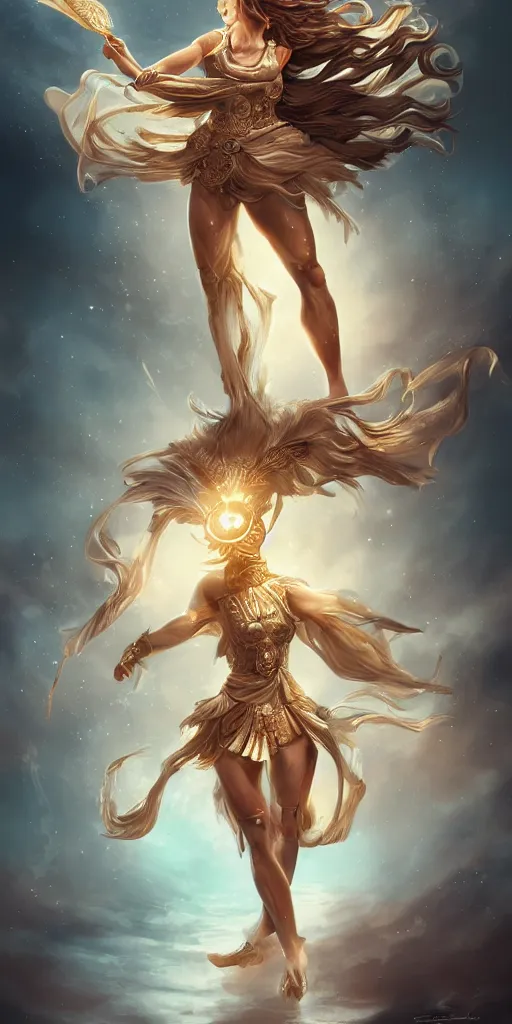 Image similar to goddess athena dancing in the wind, zodiac knight, beautiful, ethereal, gorgeous, volumetric lighting, elegant, fluid, highly detailed, digital painting, concept art, highly detailed, smooth, illustration, limited color palette, atmosphere and tension, trending on artstation