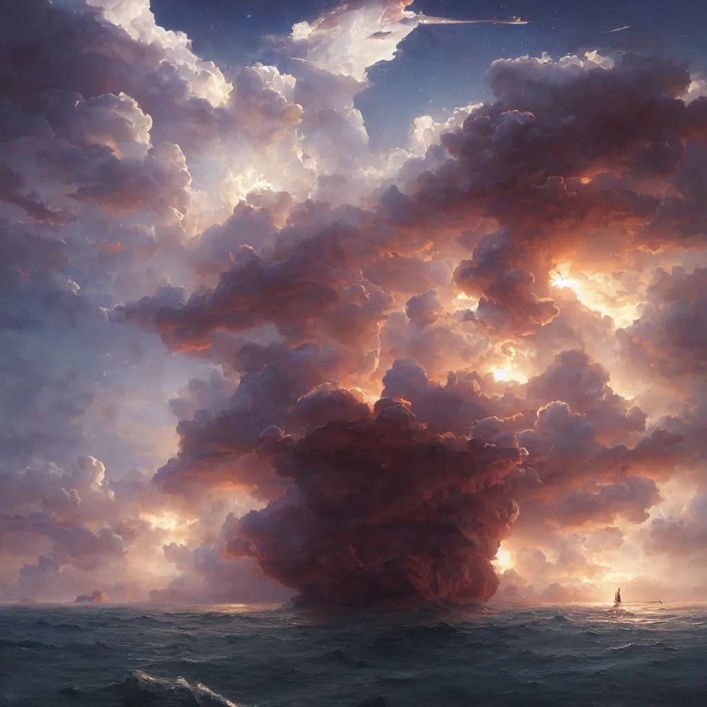 Prompt: a sending down [ of the revelation ] from him who created the earth and the lofty heavens, overdetailed art, noah's ship, by greg rutkowski, by rhads, sharp focus