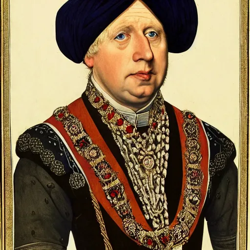 Image similar to Painting of the Ruler of the British Raj, the King Boris Johnson, painted by Hans Holbein, intricate, hyper-detailed, exhibited at the British Museum