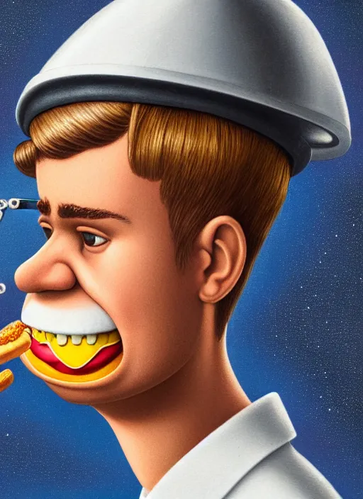 Image similar to highly detailed closeup, face profile portrait of justin bieber as a tin toy scientist wearing a tinfoil hat eating a hamburger, unreal engine, nicoletta ceccoli, mark ryden, earl norem, lostfish, global illumination, detailed and intricate environment