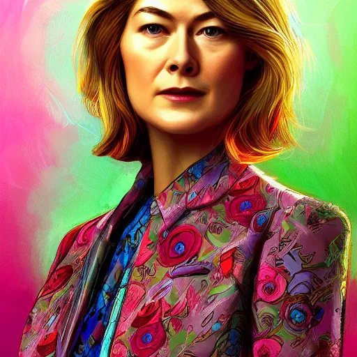 Image similar to rosamund pike as the doctor, dark - hair, wearing a colourful floral pattern suit, colourful, sharp focus, detailed face, artstation, art by borja pindado,