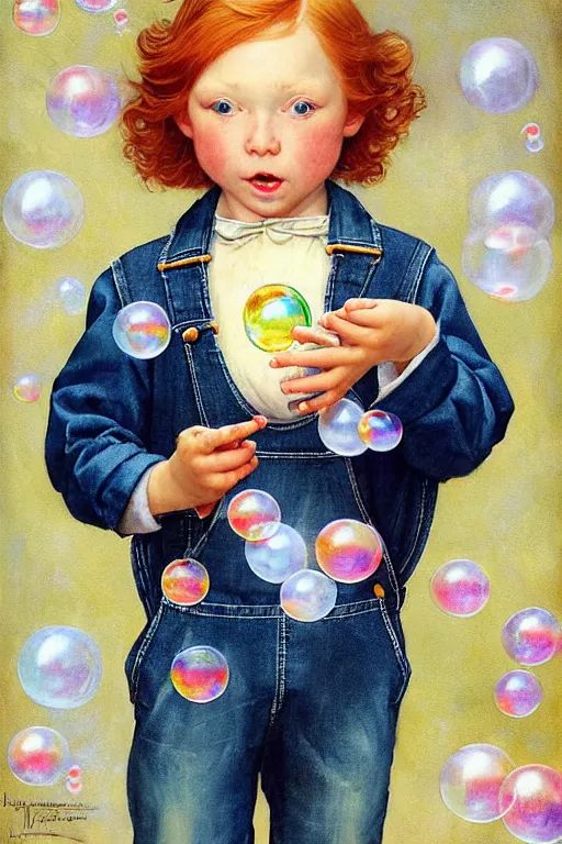 Image similar to a little boy with very short ginger hair wearing denim overalls chasing bubbles. clean elegant painting, beautiful detailed face, lots of bubbles. by norman rockwell and artgerm and greg rutkowski