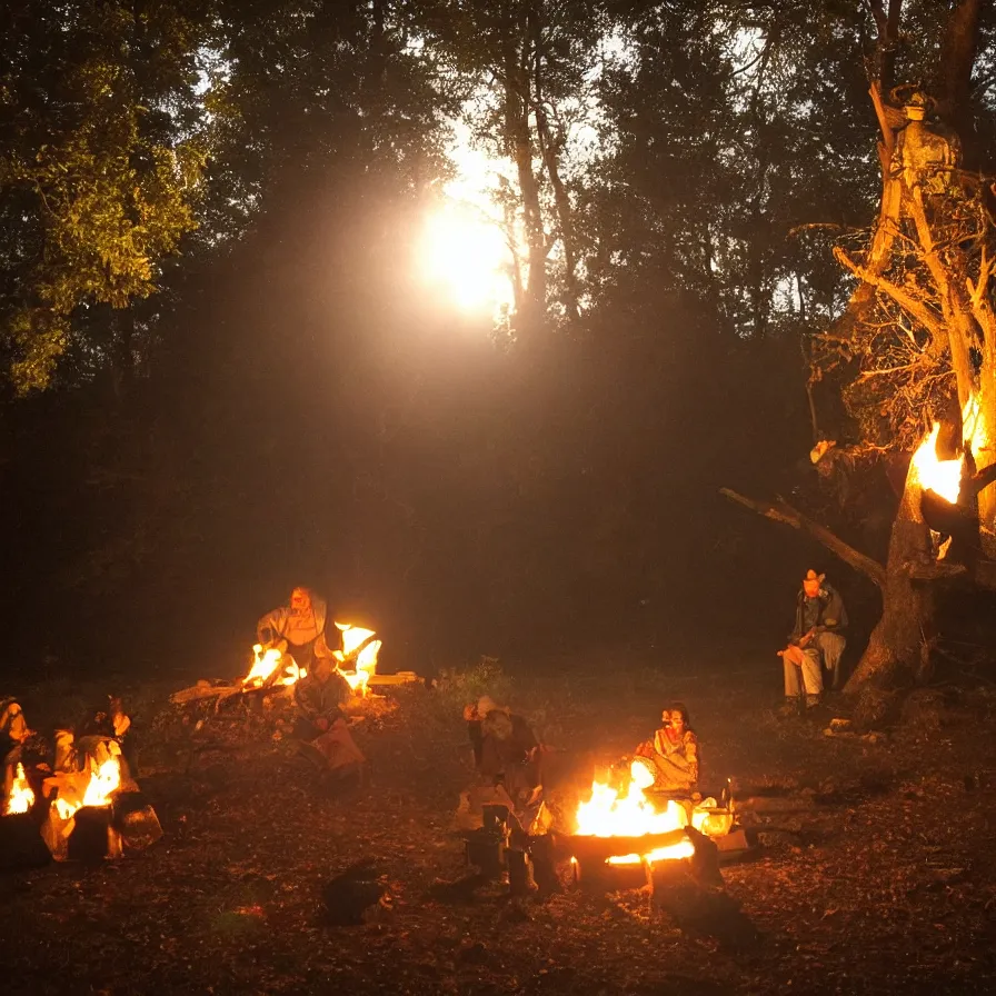 Image similar to a nice evening around the camp fire, friends are drinking and laughing, there is a monster behind the tree
