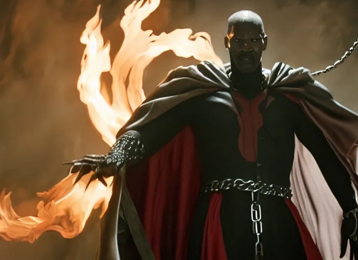 Image similar to film still of jamie foxx as spawn in the new spawn movie, giant chains, large cape, 8 k