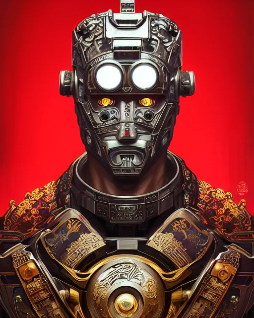 Image similar to portrait of a masculine male cyberpunk machine, machine face, upper half portrait, decorated with chinese opera motifs, asian, fine china, wuxia, traditional chinese art, intricate, elegant, highly detailed, symmetry, headpiece, digital painting, artstation concept art smooth sharp focus, illustration, art by artgerm and greg rutkowski alphonse mucha 8 k