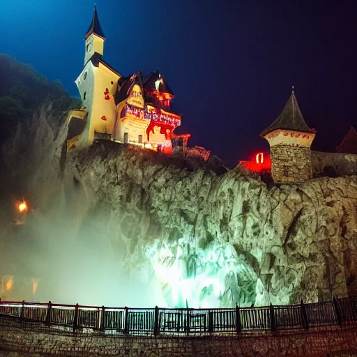 Image similar to dracula castle transylvania waterpark, night, lightning