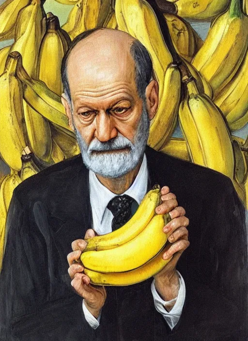 Image similar to “portrait of sigmund freud holding and looking at a single banana, one banana, by Lucian freud, Freudian, visible brush strokes, in oil”